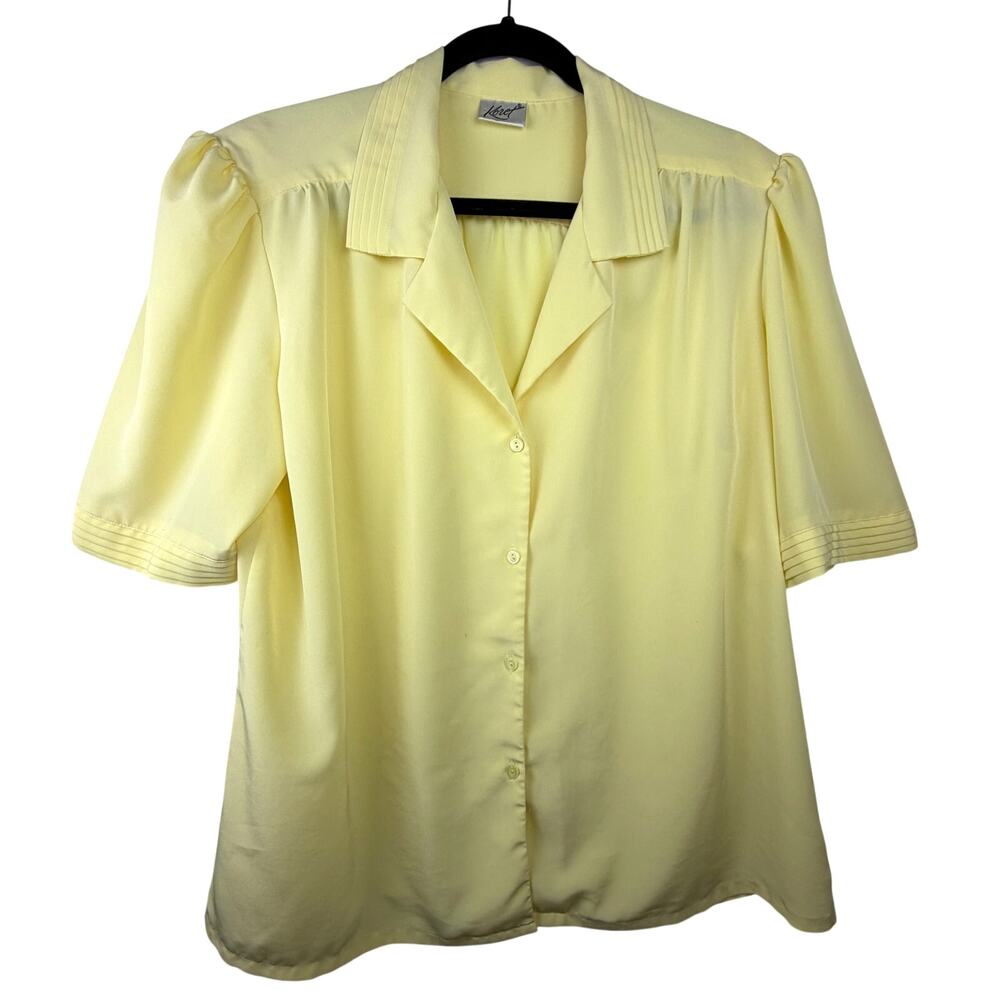 Vtg 80s Pintuck Collar Blouse Shoulder Pads Pale Yellow Button Down Koret Sz XL
